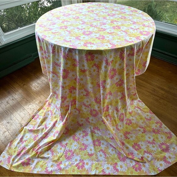 Vintage 70s flat/top bedsheet, pink orange yellow floral, twin size, Pequot - Picture 2 of 9
